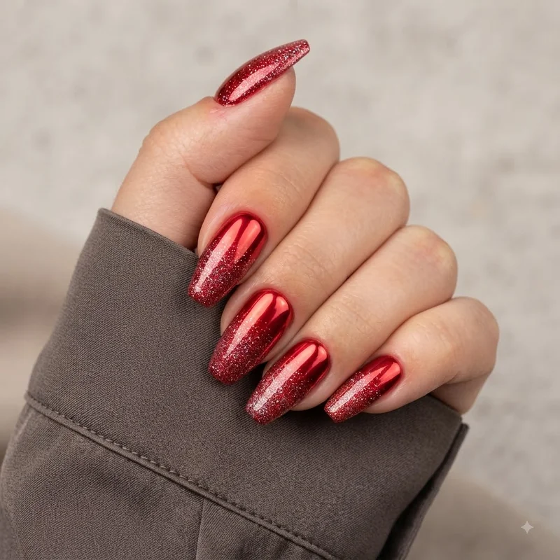 Red chrome glitter gradient coffin nails, party-ready holiday manicure with mirror finish