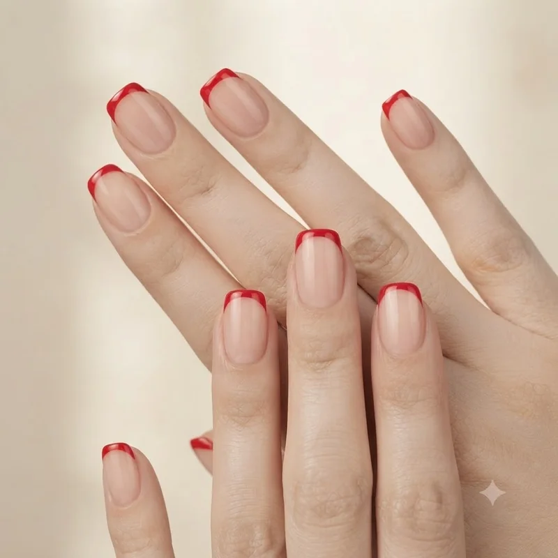 Red french tip nails on a short squoval shape, holiday manicure on a compact nail canvas