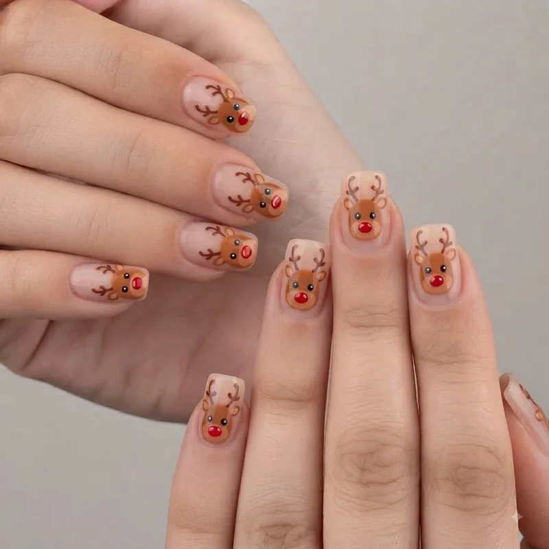 Minimalist reindeer antler outline nail art on nude negative space base