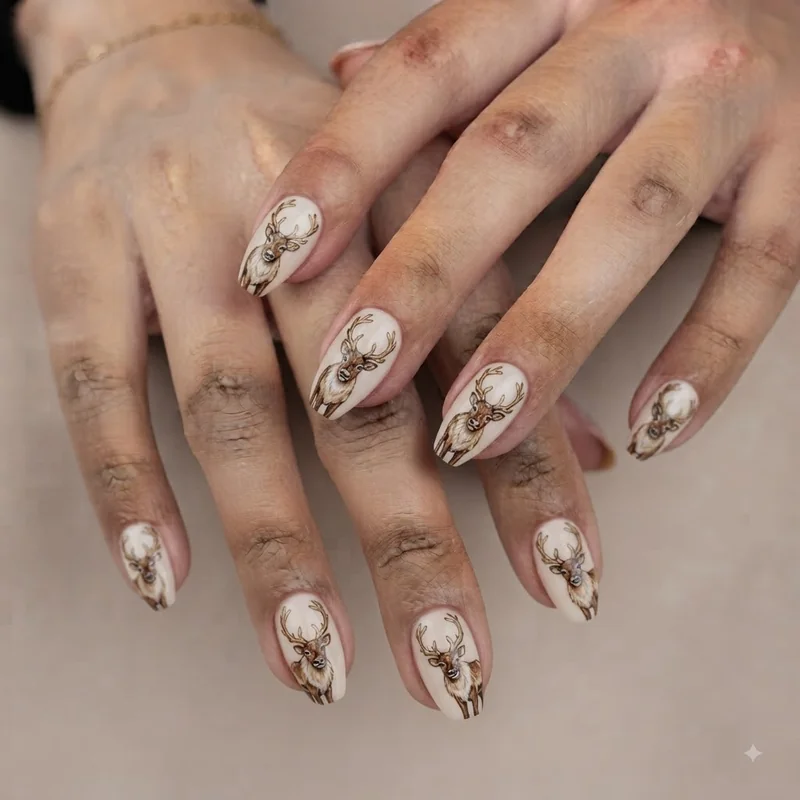 Reindeer French tip nail design with antler accent above white tip line