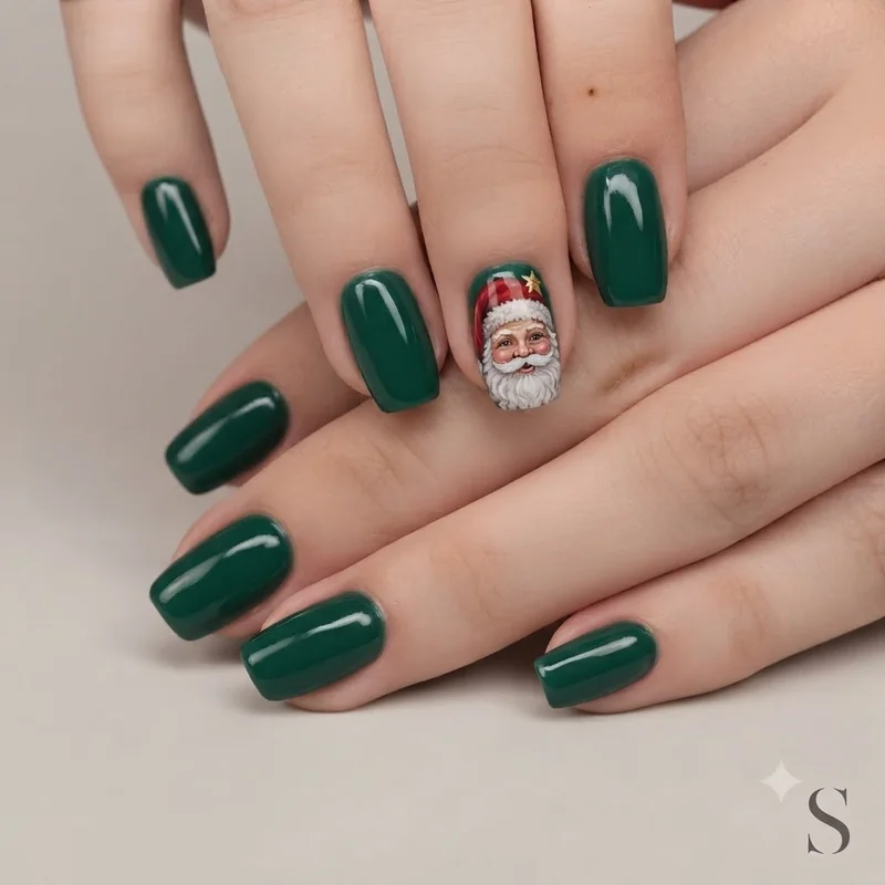 Advanced full bearded santa face nail art design on an accent nail for the holidays