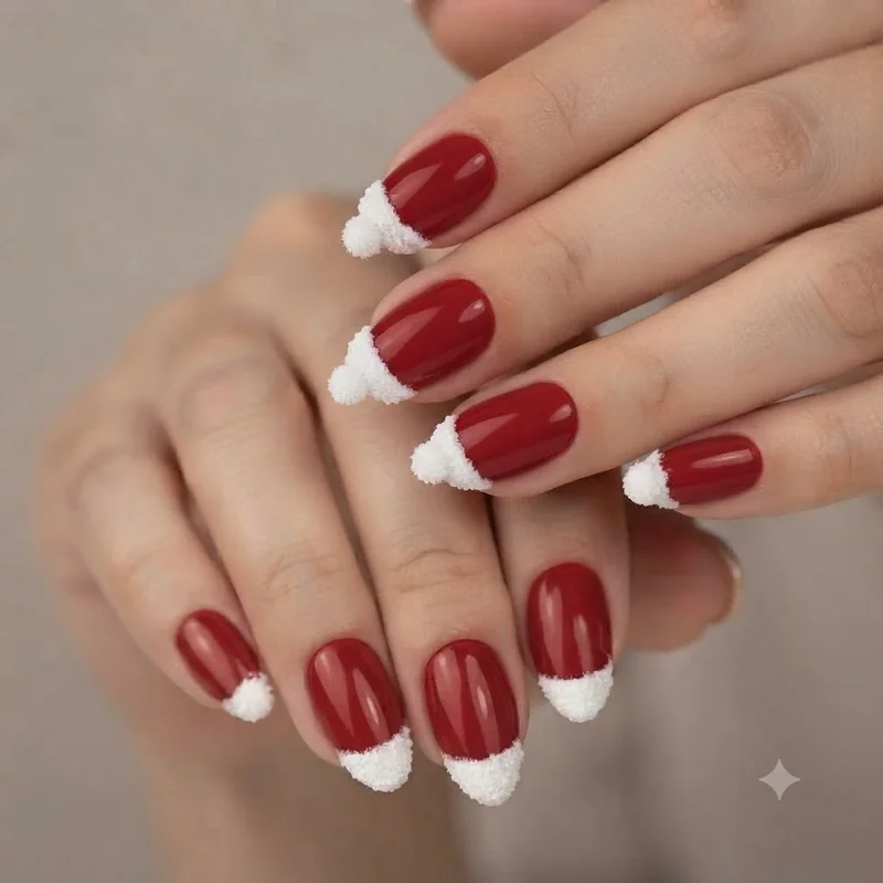 Close-up of completed santa hat nail art on a full manicured hand for the holidays