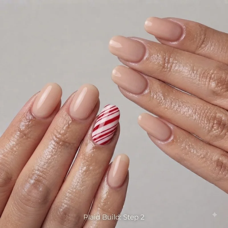 Candy cane diagonal stripe christmas nails red and white design on short nail length
