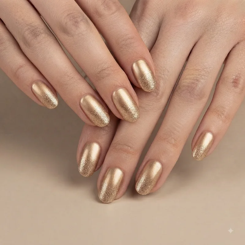 Gold chrome glitter fade christmas nails festive finish on short wearable nail length