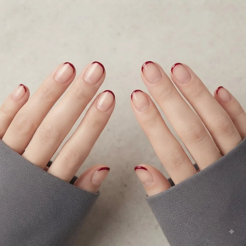 Micro french tip christmas nails in wine red, thin line detail on short natural nail length