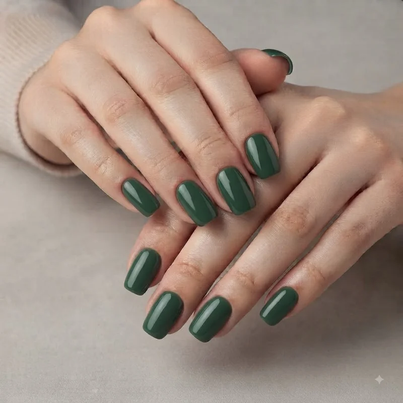Short square round christmas nails in forest green showing clean nail shape definition for holidays