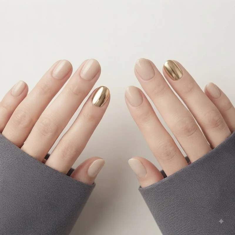 Easy accent nail christmas design featuring a neutral base manicure with gold metallic ring finger holiday festive accent