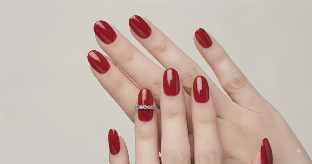 Simple christmas nails in a glossy red one-color manicure on short round nails
