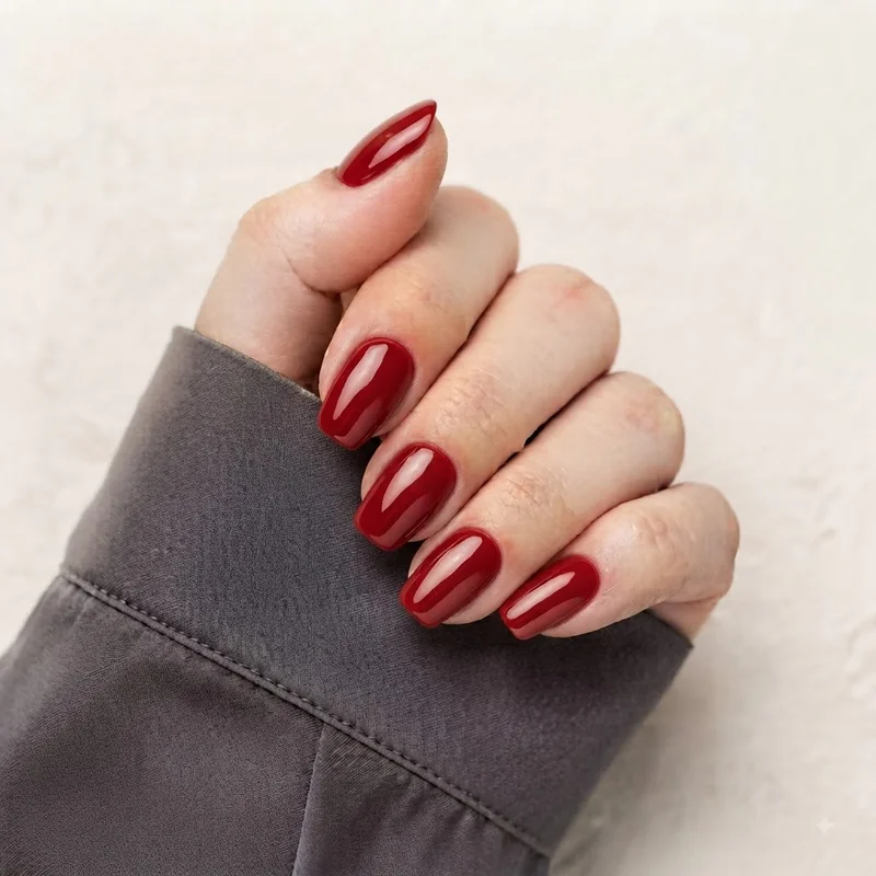 Glossy top coat christmas nails finished look with a shiny polished holiday manicure shown in close up detail this season