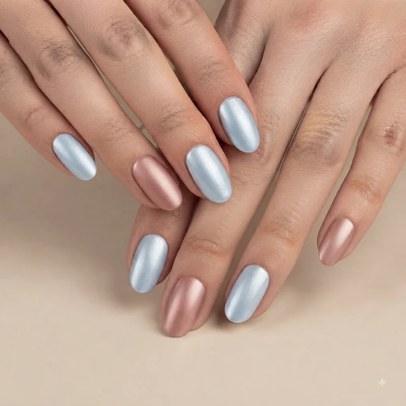 Simple christmas nail colors in icy blue and dusty pink, an elegant holiday manicure alternative to traditional red and green