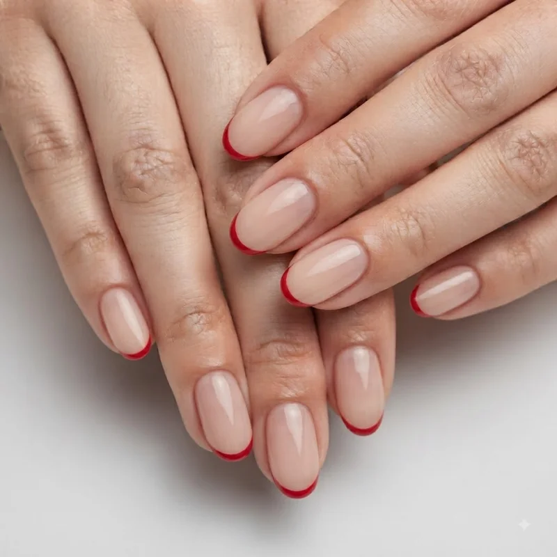 Simple french tip christmas nails with a thin micro red tip on short almond shape nails, beginner friendly holiday manicure