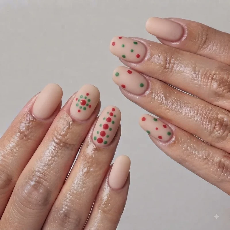 No tool christmas nail art made with toothpick dot design over a light nude base, easy DIY beginner friendly holiday manicure