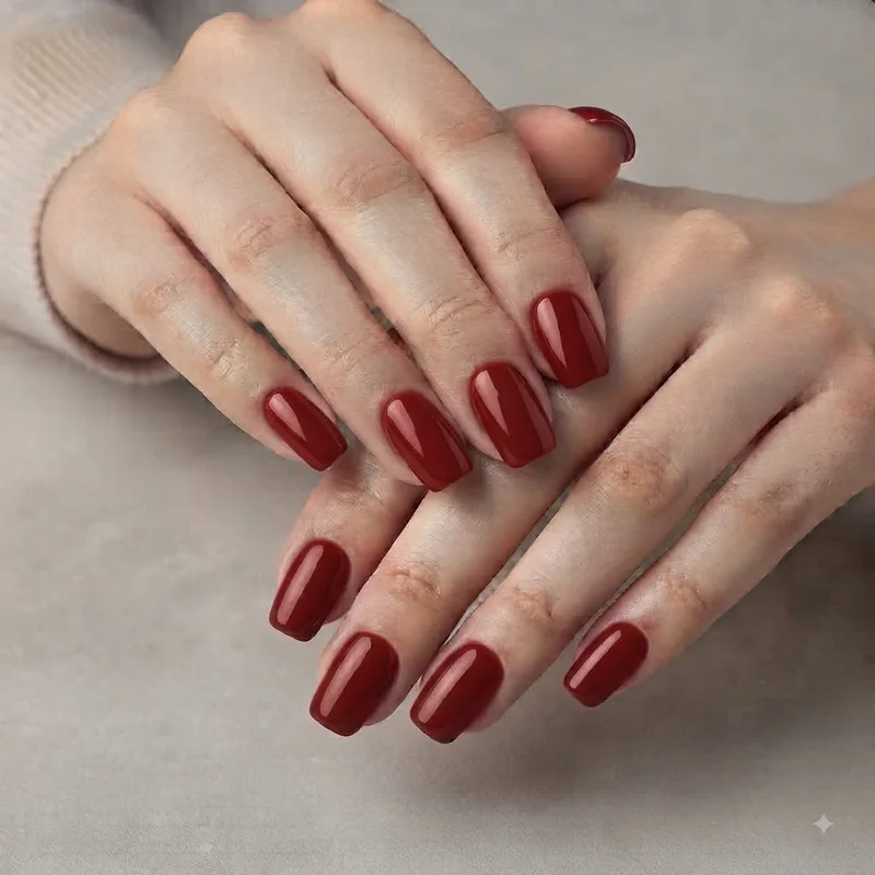 Simple christmas nails one-color deep red glossy manicure on short round nails, festive holiday ready polished look 2026