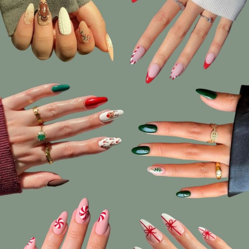 Christmas nail designs on different nail shapes almond square round coffin