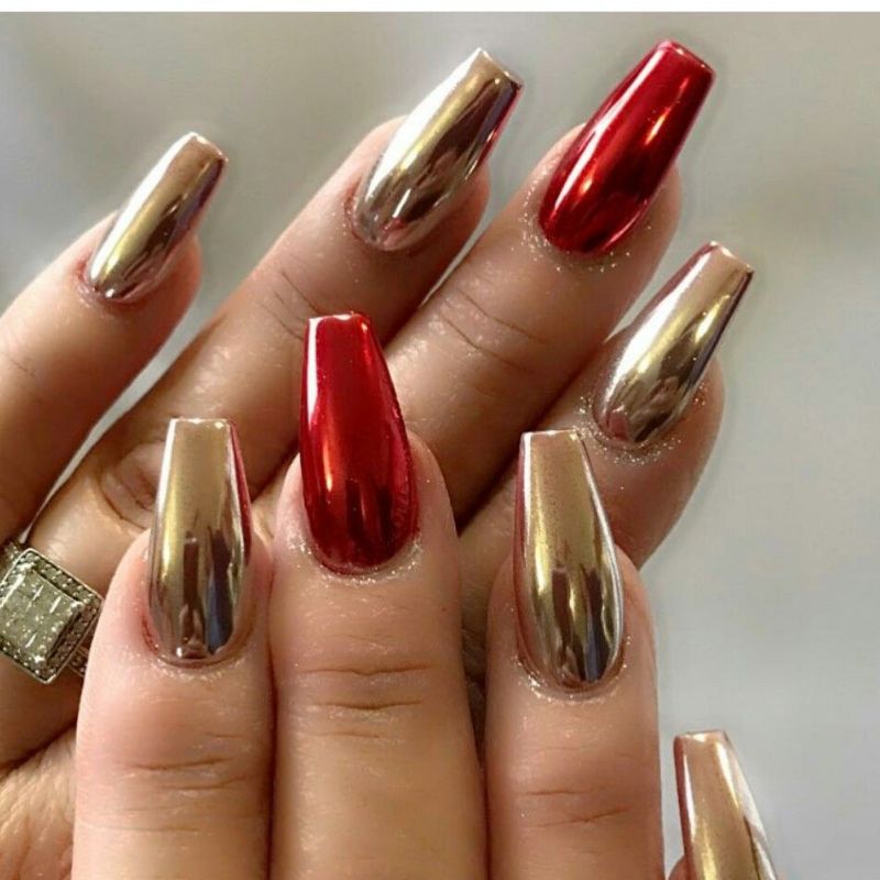 Step by step red and gold Christmas nails with chrome accent tutorial