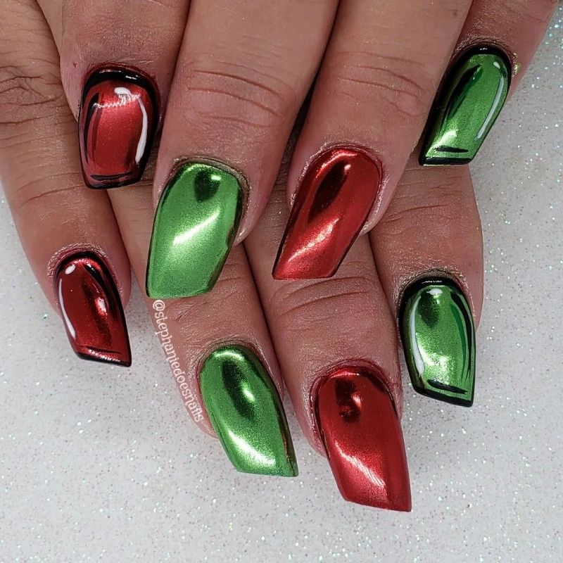 chrome christmas nails durability demonstration showing proper edge sealing technique and multiple top coat layers for longevity