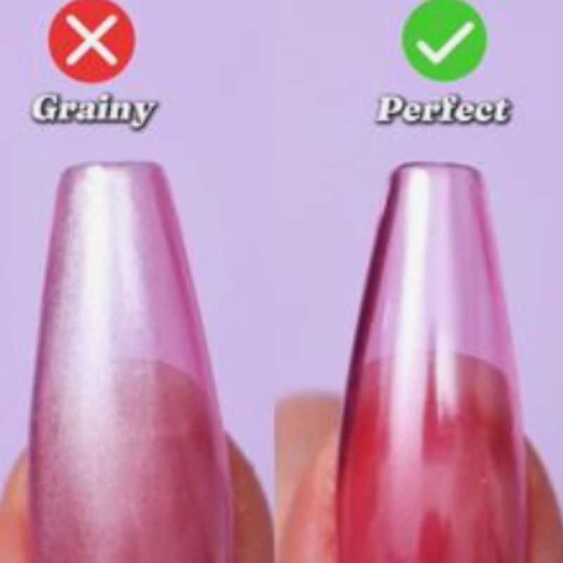 fixing grainy chrome nail texture with proper buffing technique showing before and after mirror finish comparison