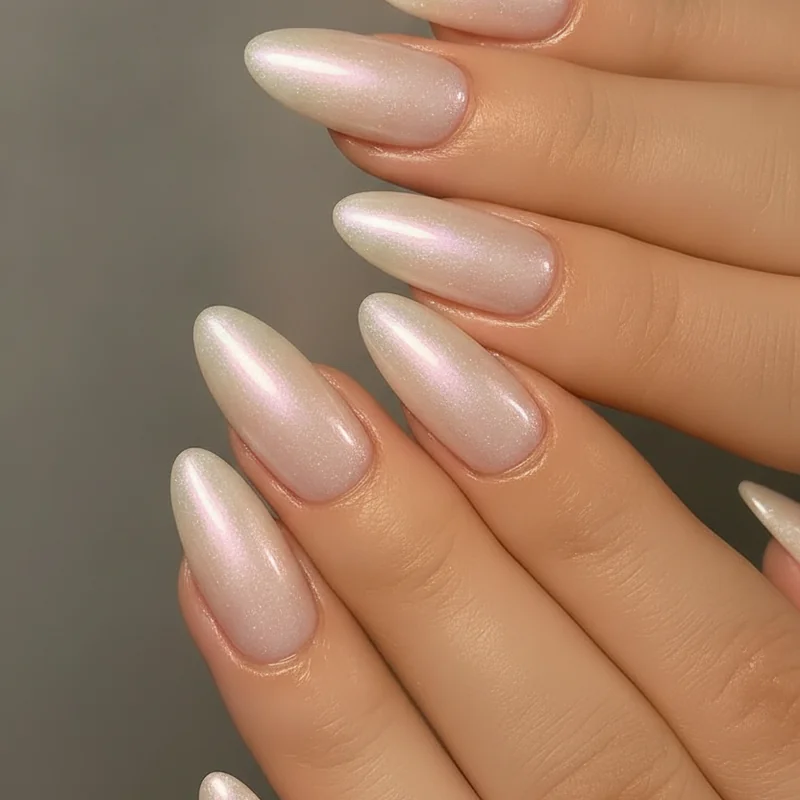 Glazed donut bridal nails with milky pearl finish on almond shaped nails perfect for wedding photography soft glow natural light manicure 2026