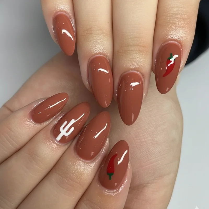 Cactus and chilli accent nails for Cinco de Mayo showing white cactus silhouette on terracotta base paired with deep red chilli pepper detail nail art