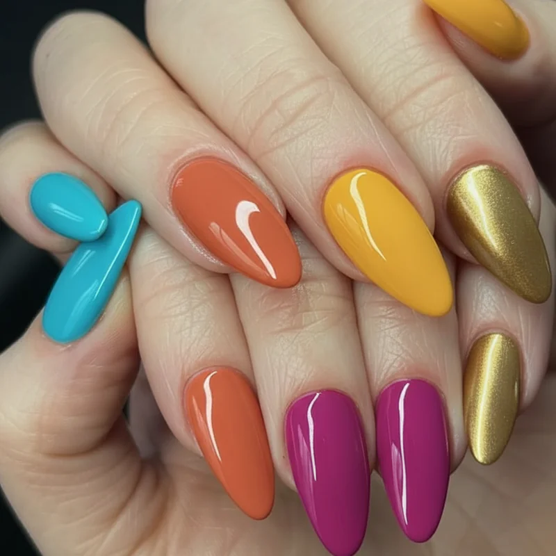 Elevated Cinco de Mayo nail palette showing turquoise terracotta saffron yellow and deep magenta with gold accent on short nails beyond the standard flag colours