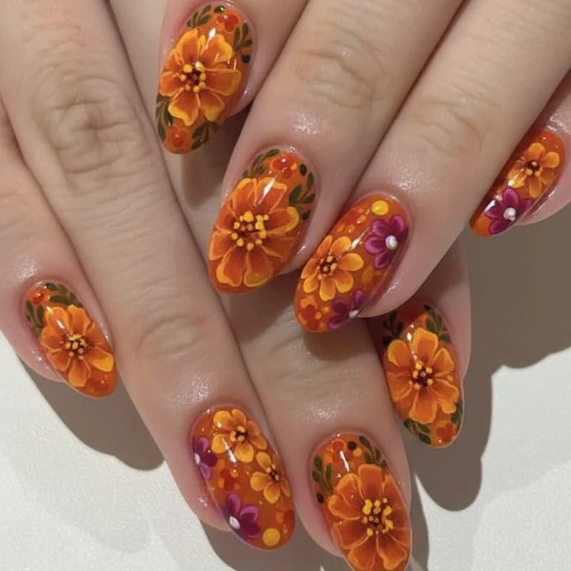 Mexican floral nails featuring cempasuchil marigold in amber orange and dahlia in deep magenta with gold centre detail for Cinco de Mayo manicure