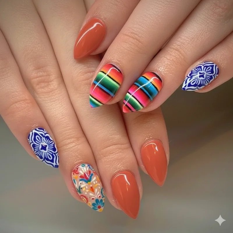 Nail tech working on Cinco de Mayo nail art using reference images for Talavera tile and Otomi embroidery designs showing detailed brush application process