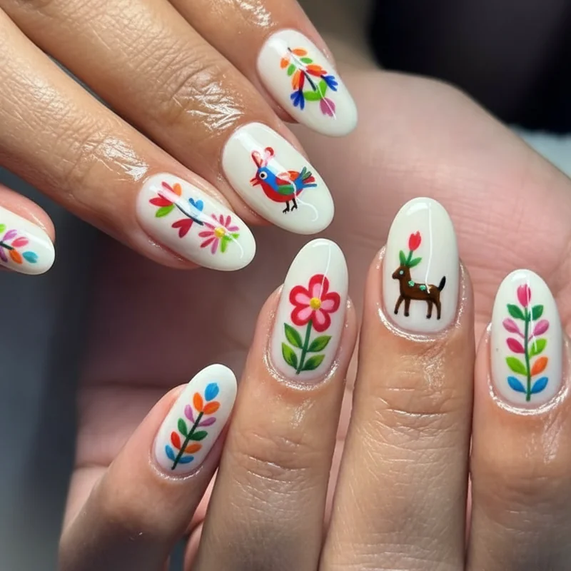 Otomi embroidery nails showing tenango style deer bird and floral motifs in coral turquoise and yellow with bold outlines on cream base for Cinco de Mayo