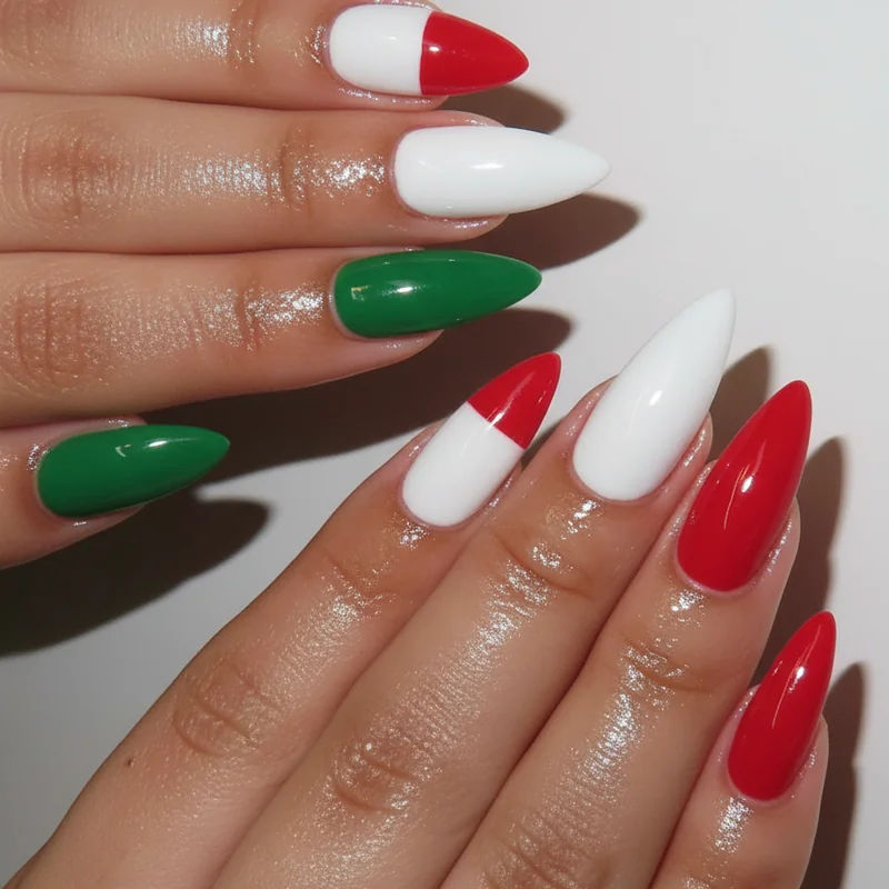 Simple Cinco de Mayo nails on short nails showing easy colour block manicure in terracotta deep magenta and turquoise for beginners with last minute prep