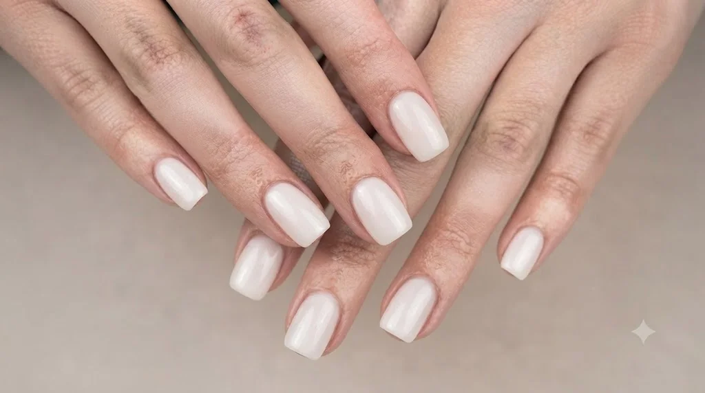 Clean girl nails in a glazed milky white finish on short square nails, glossy editorial manicure