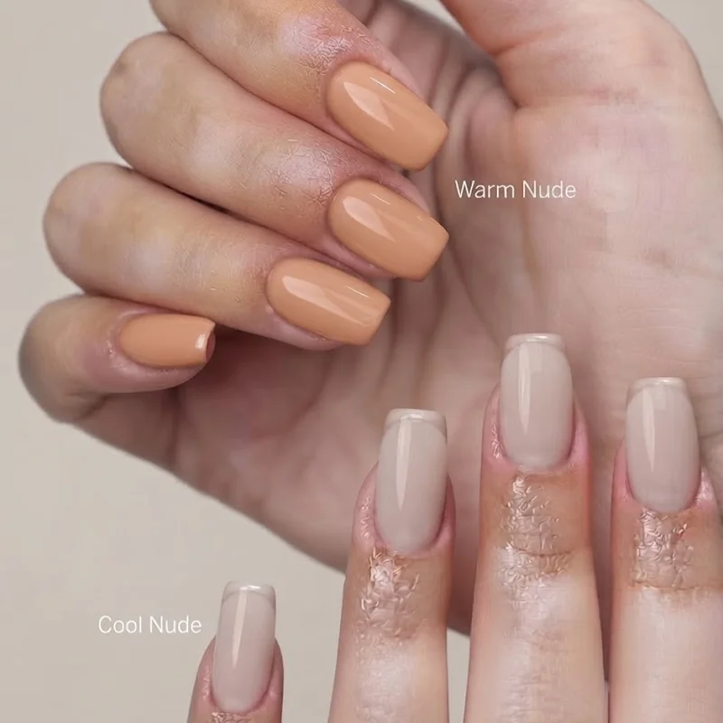 Warm versus cool nude nail shade comparison shown on two different skin tones side by side