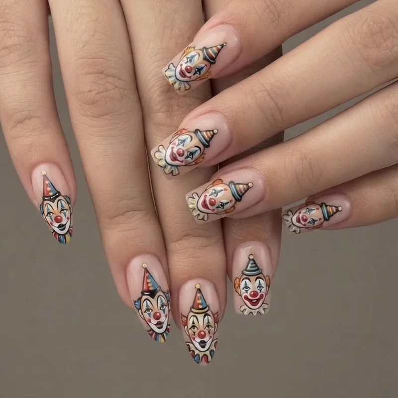 Almond versus square nail shape comparison holding detailed painted clown face nail art