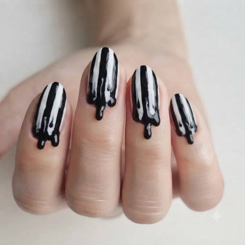 Art the Clown inspired black and white striped horror nails with dripping paint texture