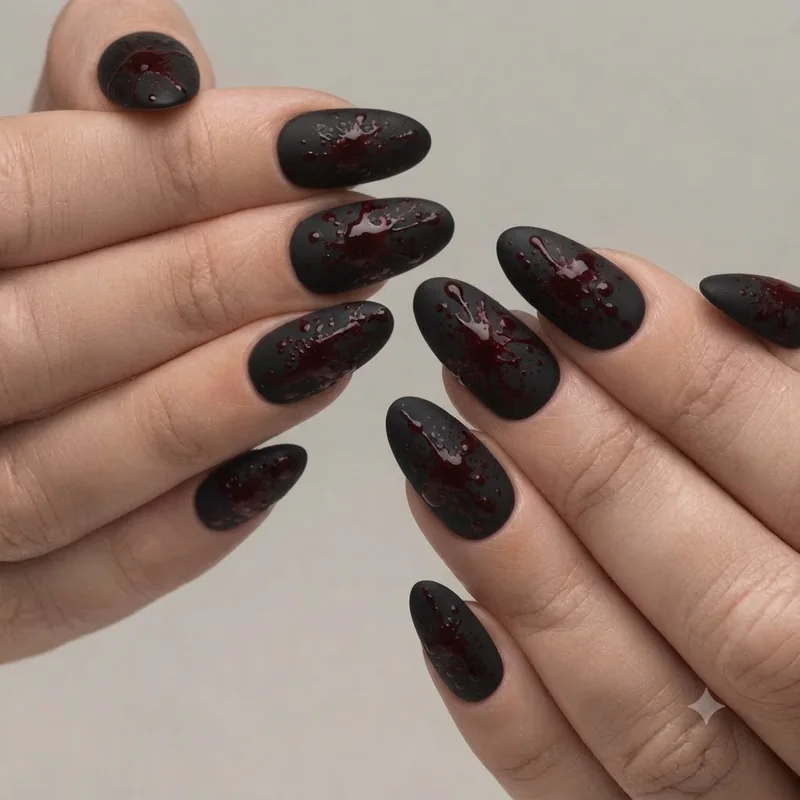 Blood splatter clown nails on matte black base for creepy Halloween horror manicure idea