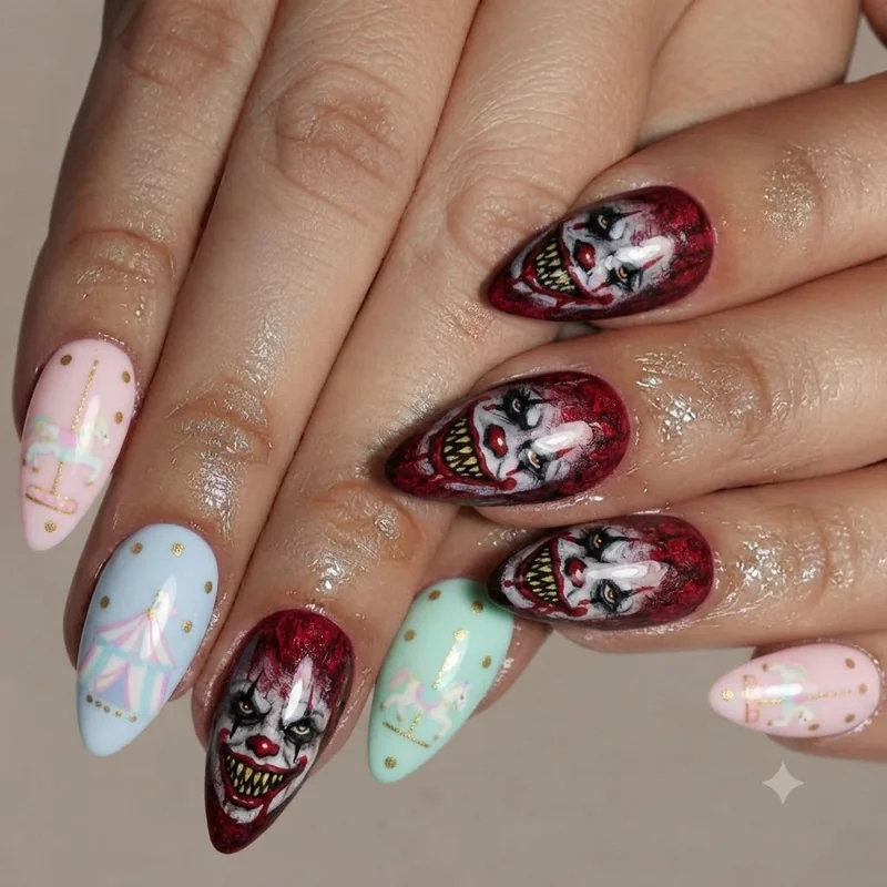 Clown nails split design comparing cute pastel circus look with dark horror clown manicure