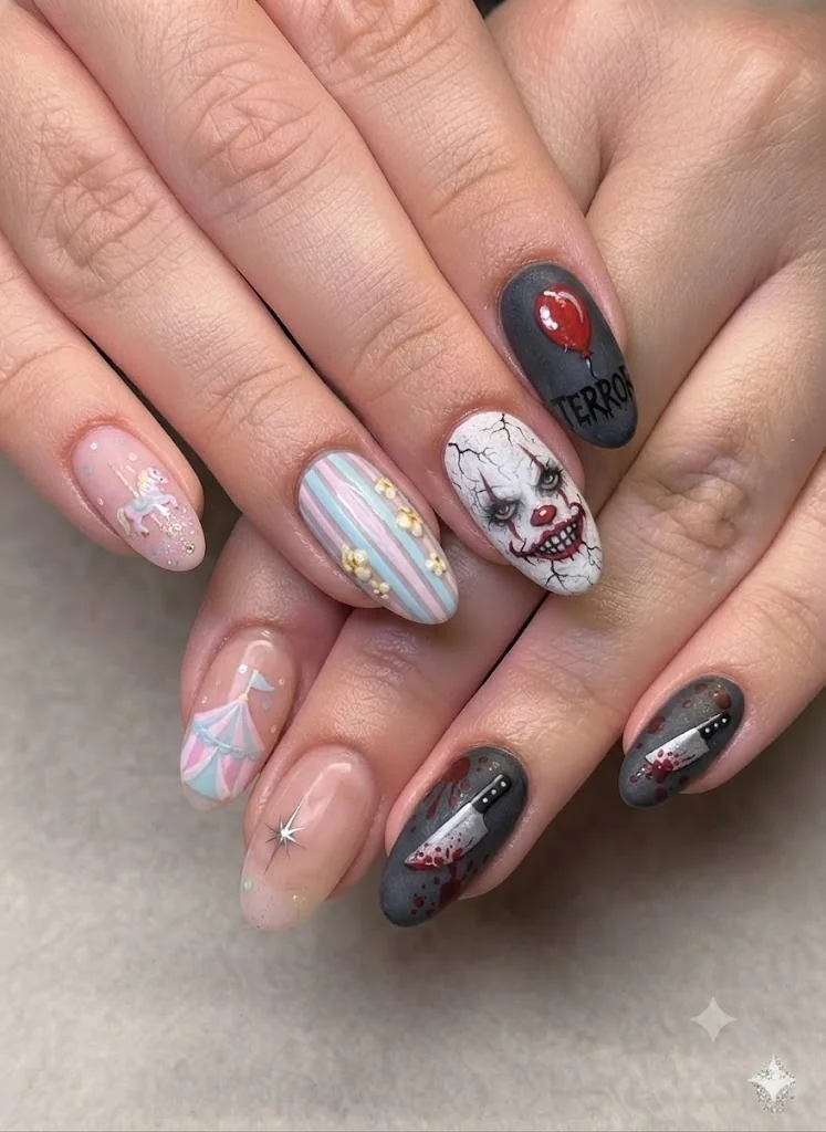 Clown nails split design showing cute pastel circus look beside creepy horror clown manicure