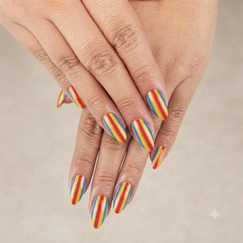 Colourful circus stripe clown nails in primary colours for playful Halloween nail idea