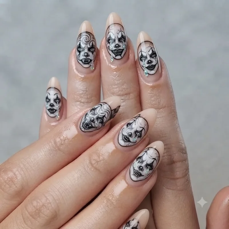 Creepy clown nails with black and white horror face and glitter tear detail for Halloween