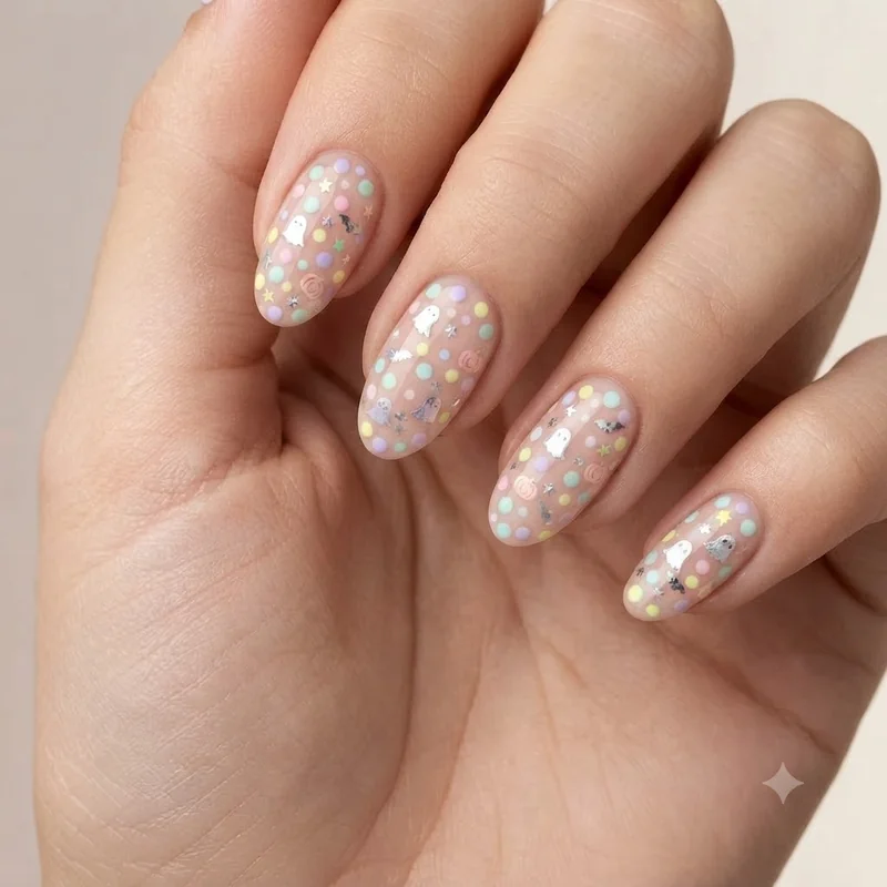 Cute clown nails with pastel polka dot and confetti motif for playful Halloween manicure