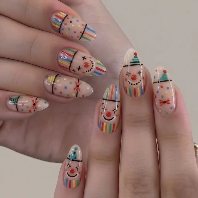 DIY clown nails using press-on tips and striping tape technique for at-home application