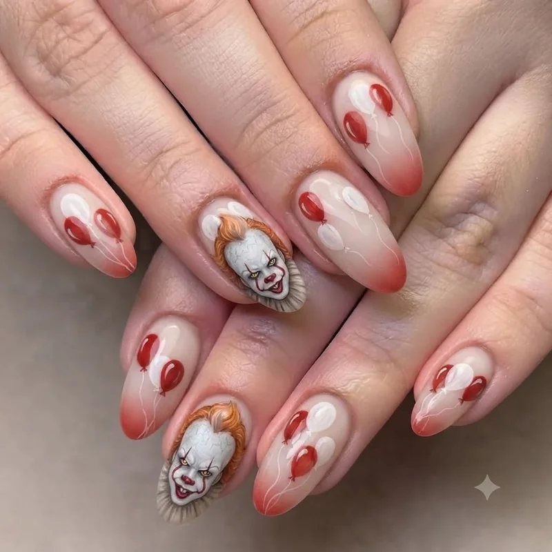 Pennywise inspired clown nails with red white balloon motif and painted horror face detail