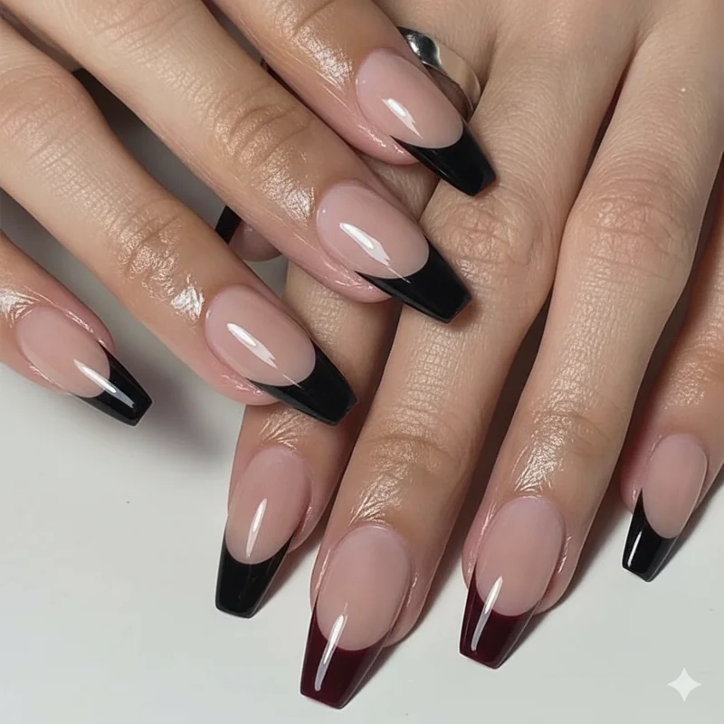 Dark french tip coffin nails showing black and burgundy deep wine smile line over sheer nude base for editorial after-dark aesthetic 2026