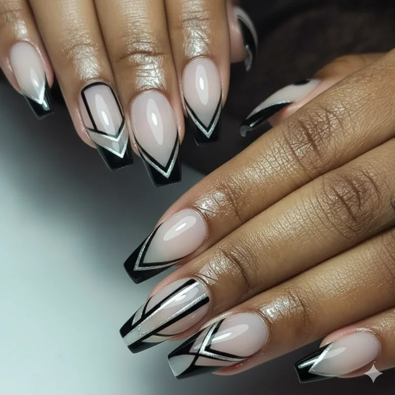 Double-line V-cut and negative space french tip coffin nails showing fashion-forward geometric smile line variations and glasswing effect 2026