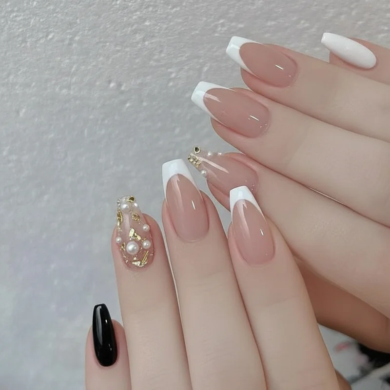French tip coffin nail aesthetic guide showing clean girl micro French dark romantic burgundy tip bridal pearl chrome and maximalist aurora versions
