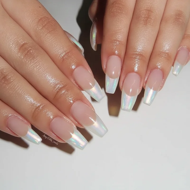 Glass nail pearl chrome and aurora french tip coffin nails showing opalescent crystal-effect and colour-shifting tip finish on milky base 2026
