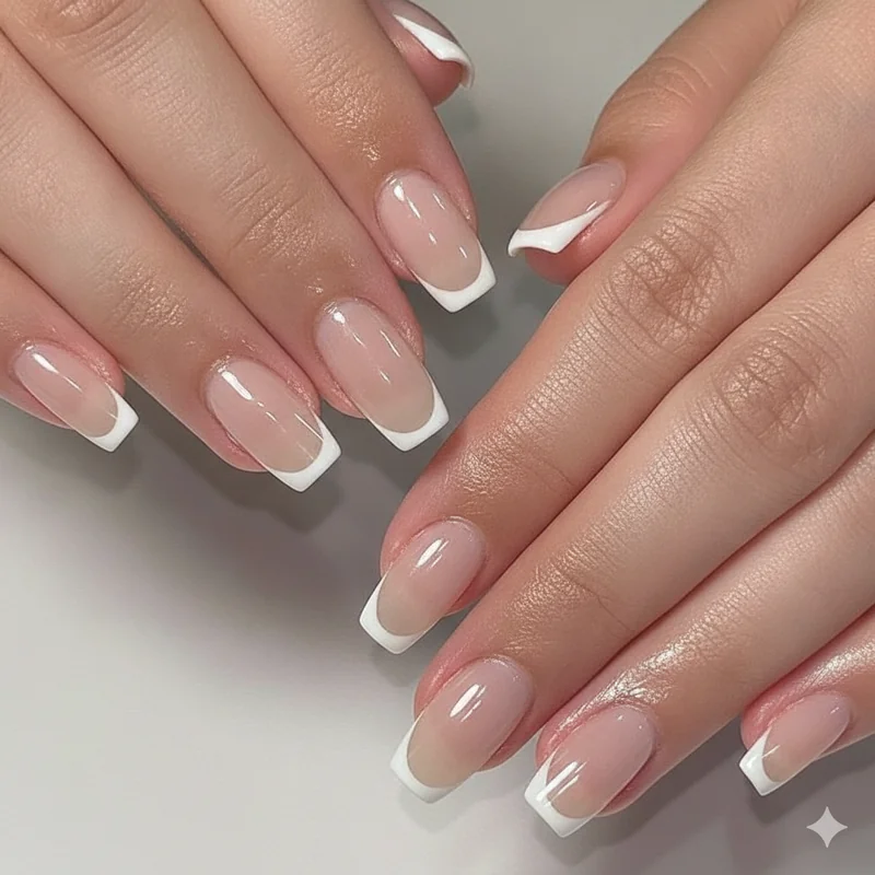 Short and medium coffin french tip nails showing micro smile line on sheer translucent base proving the look works beautifully on shorter lengths
