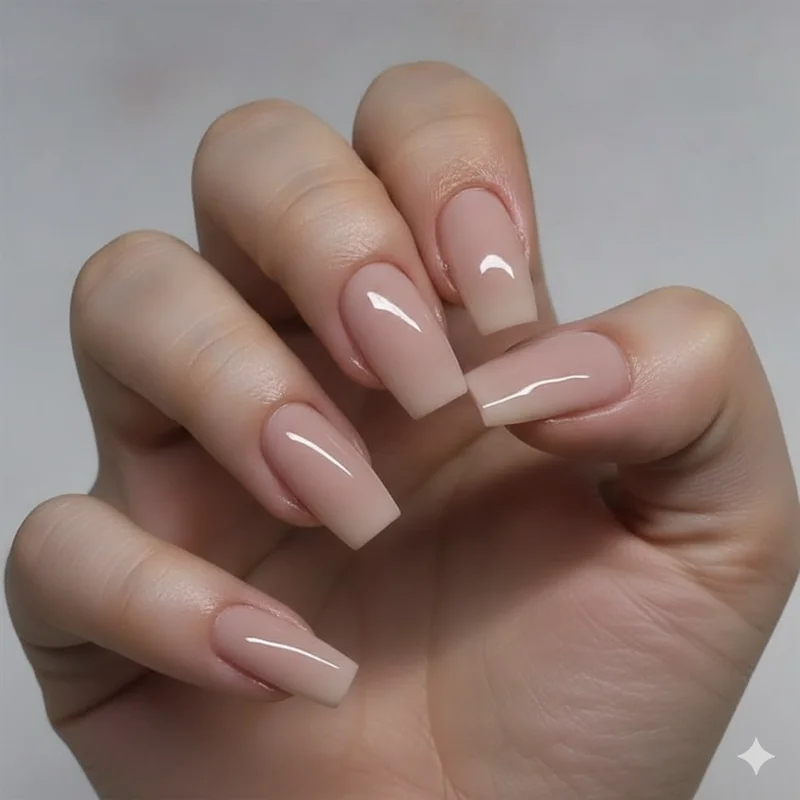 Short coffin nails on wide nail beds and short fingers showing taper elongation effect compared with squoval shape on same hand type