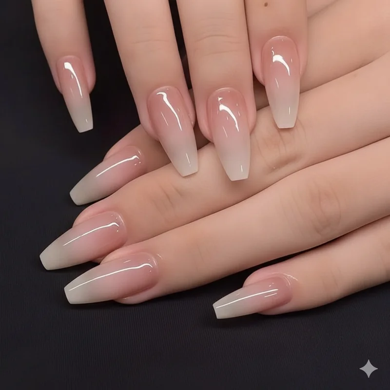 Coffin nail shape minimum length example showing two to three millimetre free edge on natural nails with gel overlay for structural support