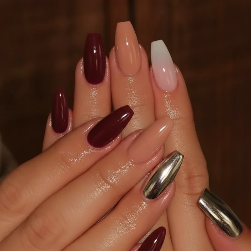 Short coffin nail colours showing burgundy high-gloss nude sheer milky and chrome finish options on short coffin shape for 2026 manicure ideas