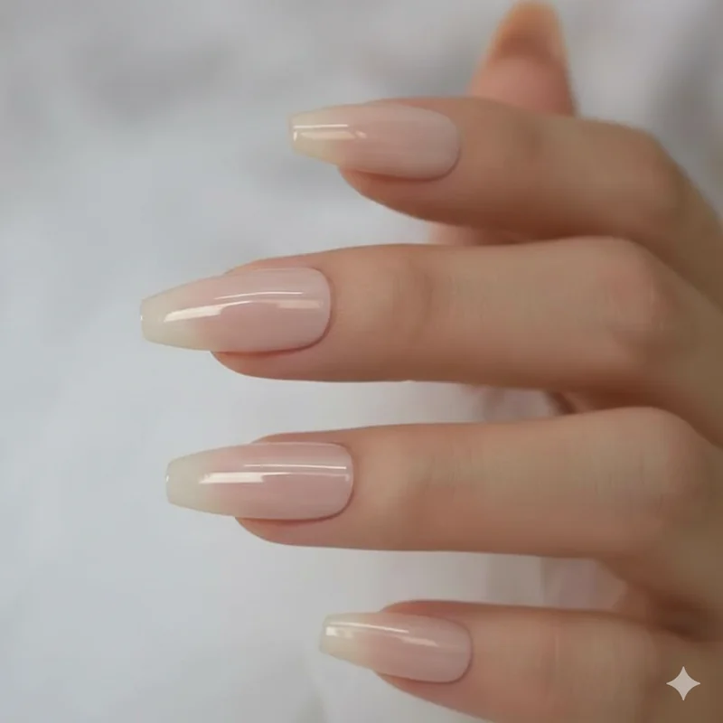 Short coffin nails showing tapered sides and flat squared tip on natural hands demonstrating the coffin silhouette at short practical length