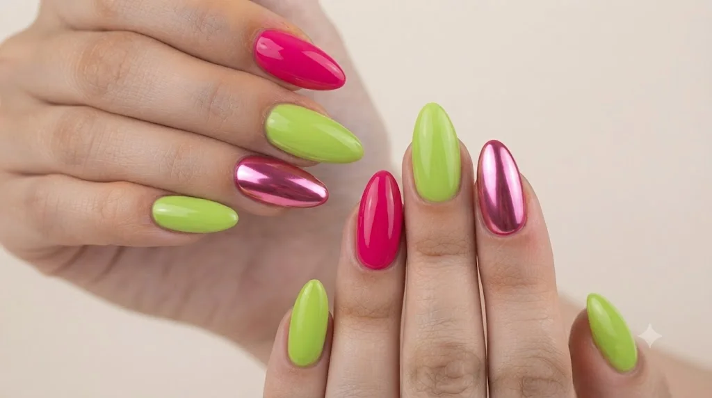 Colorful y2k nails in a hot pink and lime green skittle manicure with glossy chrome accents